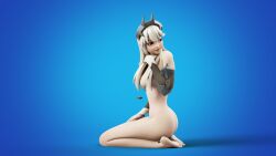 3d 3d_(artwork) blender_(software) blonde_hair feet female female_focus female_only fortnite kneeling lexa_(fortnite) naked naked_female neverseenme nude nude_female on_knees pale-skinned_female pale_skin princess_lexa_(fortnite) red_eyes silver_hair sitting smile smiling smirk soles toes white_hair