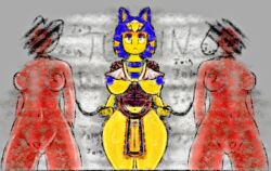 animal_crossing ankha ankha_(animal_crossing) anthro ass big_butt blue_hair blue_nipples bodily_fluids bottomwear breasts canid canine canis clothing collar domestic_cat domestic_dog egyptian faceless_anthro faceless_character faded_effect felid feline felis female female/female femdom fur genitals gold gold_(metal) gold_jewelry group hair hi_res ineffective_clothing jewelry jojispoon88 leash loincloth mammal nintendo nipples nude nude_anthro oiled_body propaganda pubes pubic_fuzz red_body red_clothing red_fur servant sweat thick_thighs trio yellow_body yellow_fur