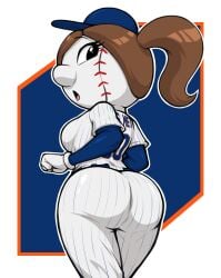 ass ass_focus baseball baseball_cap baseball_uniform brown_hair denzeltip looking_back mrs._met new_york_mets object_head ponytail