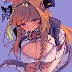 bent_forward big_breasts dismassd dragon dragon_tail holoforce hololive hololive_japan horns kiryu_coco looking_at_viewer looking_up orange_hair purple_background tail virtual_youtuber vtuber