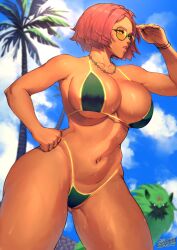 1girls belly belly_button bob_cut brazilian cleavage curvy curvy_female curvy_figure eyewear female female_focus female_only giovanna_(guilty_gear) green_bikini guilty_gear highleg highleg_panties highleg_swimsuit large_ass latina necklace orange-tinted_eyewear red_hair solo solo_female solo_focus south_american spunkyramaz sunglasses tan-skinned_female tan_skin thick_ass thick_thighs thin_waist tinted_eyewear wide_hips