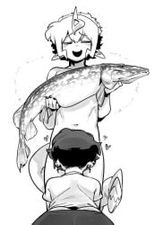 blowjob clothed docu_(doppel) doppel earrings fish gay happy hearts_around_head magnus_(mctamagomaki) monochrome nude oral oral_sex otoko_no_ko pointy_ears skinny slime smile young