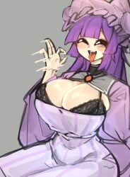 1girls big_breasts black_bra blowjob_gesture borrowed_design bra cleavage clothed_female curvy curvy_female fellatio_gesture hat konkon_patchouli_(crr001) light-skinned_female long_hair patchouli_knowledge purple_hair saliva shigezie solo solo_female tongue_out touhou