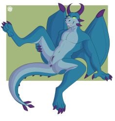 absurd_res andromorph anthro anus blue_body blue_scales claws cuntboy dragon ether_(dragon) genitals grin hi_res horn hypnosis intersex mind_control purple_anus purple_claws purple_horn purple_pussy pussy reversal scales shibasnacks slit smile solo spiral_eyes spread_legs spreading wings