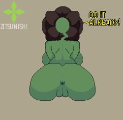 1girls anus ass asshole back back_view backboob big_ass big_breasts big_butt clothed clothing dat_ass flora_fauna flower green_body nude pixel_art plant plant_girl pussy rear_view simple_background solo solo_female tagme text vagina zitsunishi