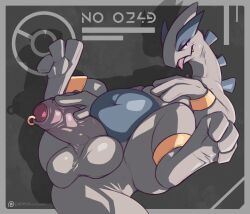 2023 anthro balls blue_body generation_2_pokemon genital_piercing genitals hi_res legendary_pokemon looking_at_viewer lugia male multicolored_body nintendo penis penis_piercing piercing pokemon pokemon_(species) scafen_(artist) solo tongue tongue_out white_body