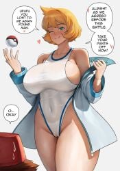 1boy 1boy1girl 1girls abs anhuzart back bare_legs big_breasts bikini blush breasts brown_hair cameltoe covered_navel cowboy_shot dialogue english_text ethan69_(artist) female green_eyes heart huge_breasts jacket kasumi_(pokemon) large_breasts legs licking_lips male/female mature_female misty_(pokemon) nervous nintendo one-piece_swimsuit one_eye_closed orange_hair poke_ball poke_ball_(basic) pokemon pokemon_(game) pokemon_hgss pussy sideboob simple_background solo_focus speech_bubble sweat swimsuit text_bubble thick_thighs thighs tongue tongue_out white_background