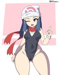 1girls alfwenx armwear ass_visible_through_thighs beanie big_breasts black_leotard blue_eyes blue_hair breasts cameltoe clothing dawn_(pokemon) female female_only hair headwear hips leotard long_hair neckwear pokemon pokemon_dppt smile solo solo_female thick_thighs thighs wide_hips wink winking