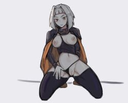 armor black_socks cape grin leggings library_of_ruina lobotomy_corporation looking_at_viewer medium_breasts myo_(lobotomy_corporation) nuxoce pale_skin panties partially_clothed project_moon pubic_hair red_eyes socks stretched_clothing thigh_socks thighhighs white_hair