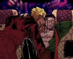 2boys black_hair blonde_hair business_suit car car_interior cocaine cocaine_line donquixote_doflamingo drugs facial_scar fully_clothed gay hook_hand line male male_only one_piece open_shirt pixiv sir_crocodile suit sunglasses unbuttoned unbuttoned_shirt yaoi zyonnnnn