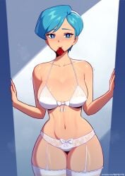 1girls artist_name blue_eyes blue_hair blush bra breasts bulma_briefs condom condom_in_mouth cowboy_shot curvy_figure dragon_ball hips lingerie looking_at_viewer mature_female mouth_hold navel panties patreon_username satelyte short_hair simple_background smile solo thick_thighs thighs transparent_clothing underwear white_bra white_lingerie white_panties