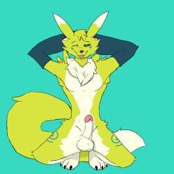 anthro balls bandai_namco chelfox clothing digimon digimon_(species) erection fur genitals gloves green_eyes handwear hi_res koda_the_renamon male male_only renamon solo winteranimosus yellow_body yellow_fur