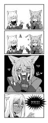 ! 2girls ? ?! ambiguous animal_ears arknights black_and_white blush comic comic_page drlee_lili female female_only gloves heart hi_res kemonomimi long_sleeves pose provence_(arknights) rock_paper_scissors scavenger_(arknights) seducing seductive seductive_mouth simple_background smile sweat sweating tongue tongue_out wolf_ears wolf_tail yuri