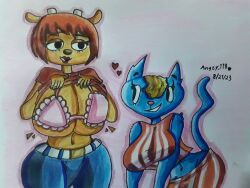 2girls angzy_118 animal anthro artist_name artist_signature big_ass big_breasts big_butt blue_body blue_fur bra breasts_out clothed clothed_female feline female female_focus female_only furry heart huge_breasts katy_kat lammy_lamb lifting_shirt lipstick orange_body orange_skin paper parappa_the_rapper red_clothes red_clothing red_hair red_shirt sheep short_hair showing_breasts smile smiling smiling_at_partner traditional_art um_jammer_lammy video_game_character video_games yellow_hair