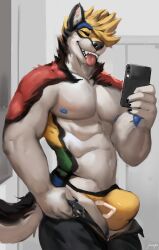 anthro bottomwear bulge canid canine canis closed_eyes clothed clothing hi_res jockstrap juiceps male male_only mammal nipples pants solo taking_picture tongue tongue_out underwear wolf