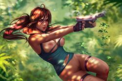 1girls action_pose bottomless breasts brown_hair gun lara_croft lara_croft_(classic) large_breasts nipples ponytail prywinko solo thigh_strap tomb_raider torn_clothes