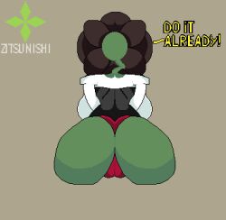 1girls ass back back_view backboob big_ass big_breasts big_butt clothed clothing dat_ass flora_fauna flower green_body panties pixel_art plant plant_girl rear_view simple_background solo solo_female tagme text zitsunishi