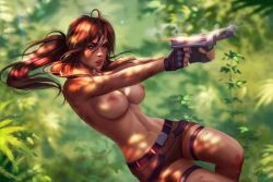 absurd_res action_pose alternate_version_available areolae belt bleeding blood brown_eyes brown_hair completely_naked completely_naked_female completely_nude completely_nude_female cuts dirt dirty embracer_group fingerless_gloves gun guns highres holster jungle lara_croft lara_croft_(classic) large_breasts lens_flare messy_hair nipples plant plants ponytail prywinko shorts solo solo_female solo_focus tagme thigh_strap tomb_raider topless topless_female tree trees