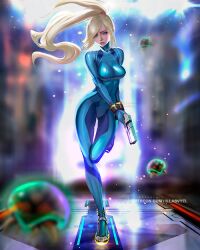 1girls blonde_hair bodysuit gun illasvyel metroid ponytail samus_aran zero_suit_samus