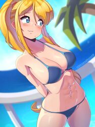 1girls abs artist_name beach bikini blonde_hair blue_bikini blue_eyes blush cleavage female female_only fully_clothed kagato007 light-skinned_female light_skin long_hair looking_away metroid muscular muscular_female nintendo palm_tree ponytail revealing_clothes samus_aran shy skimpy_clothes very_long_hair watermark