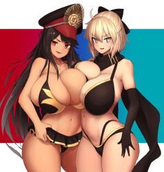 16.6_(artist) 2girls alternate_breast_size bikini black_hair breasts bursting_breasts cleavage elbow_gloves fate/grand_order fate_(series) hat huge_breasts koha-ace long_hair looking_at_viewer makino_momiji_(artist) navel oda_nobunaga_(fate) okita_souji_(fate)_(all) red_eyes scarf smile swimsuit thick_thighs thighs xyv_1