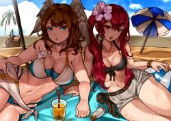 2girls alternate_costume beach beach_towel beach_umbrella beachball bikini black_bikini black_swimsuit blue_bikini blue_eyes blue_swimsuit breast_tattoo breasts brown_hair cleavage commission crossover eunie_(xenoblade) female_only fire_emblem fire_emblem_awakening flower_in_hair high_entia legs looking_at_viewer medium_breasts navel nintendo oniisan02b open_mouth outdoors red_eyes red_hair sand severa_(fire_emblem) shorts sweat sweatdrop sweating swimsuit tattoo twintails wings_on_head xenoblade_(series) xenoblade_chronicles_3 yuri