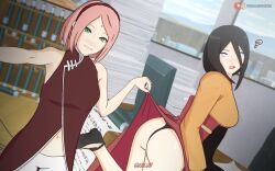 2girls 3d ? arm_support bare_ass big_ass big_breasts blush boruto:_naruto_next_generations breast_size_difference brown_hair commentary desk dress embarrassed female female/female female_only g-string green_eyes hokage_office hyuuga_hanabi indoors kimono koikatsu lifted_by_another looking_at_viewer looking_back looking_back_at_viewer mature mature_female milf multiple_girls naruto naruto_(series) office otsukira panties pants petite pink_hair presenting presenting_ass raised_leg sakura_haruno selfie skirt skirt_lift small_breasts smile taking_selfie talking talking_to_partner text violet_eyes