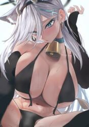 1girls abydos_high_school_student bell bikini blue_archive blue_eyes cow_bell female female_only grey_hair kazane-wind long_hair looking_at_viewer shiroko_(blue_archive) shiroko_(terror)_(blue_archive) white_hair