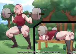 1girls adapted_costume bench bench_press boots boruto:_naruto_next_generations clothing comic dialogue english_text erect_nipples erect_nipples_under_clothes exercise exercise_equipment female female_only fingerless_gloves gloves lifting lying lying_on_back mature mature_female meowlinch milf naruto naruto_(series) pink pink_hair sakura_haruno solo solo_focus squat squatting story sweat text thick_thighs tight_clothing tights training voluptuous weightlifting workout workout_clothes