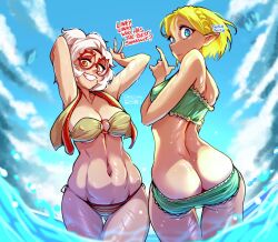 2girls armpits arms_up ass belly belly_button big_ass big_butt bikini blonde_female blonde_hair blue_eyes curves curvy curvy_body curvy_female curvy_figure elf elf_ears elf_female elf_girl female female_only glasses haysey_draws huge_ass huge_butt hylian hylian_ears knife_ears large_ass light-skinned_female light_skin multiple_girls nintendo princess_zelda purah purah_(tears_of_the_kingdom) revealing_clothes sea sharp_ears swimsuit swimwear tagme tears_of_the_kingdom the_legend_of_zelda the_legend_of_zelda:_tears_of_the_kingdom thick thick_ass thick_thighs thigh_gap thighs tummy white_hair zelda_(tears_of_the_kingdom)