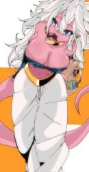 1girls android_21 android_21_(good) arc_system_works big_breasts blue_eyes cleavage cute donut dragon_ball dragon_ball_fighterz eating elbow_gloves eyelashes gold_jewelry long_hair majin majin_android_21 messy omochi_db oppai pink_skin pointy_ears tail white_hair