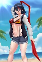 1girls big_breasts bikini blue_eyes blue_hair female female_only human kill_la_kill matoi_ryuuko midriff morbite senketsu short_hair solo tomboy