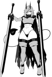 abs black_and_white hair_covering_eye horns karmansephex manga sword swordsman swordswoman tail thick_thighs