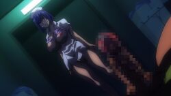 1boy 1girls areolae big_breasts big_penis blue_hair bra breasts censored censored_penis clothed clothing erect_penis erection female hentai huge_breasts large_breasts large_penis legs legs_together lying male nipples nurse nurse_cap penis sakusei_byoutou_the_animation screencap short_hair skimpy skimpy_clothes standing tachibana-chan thick_thighs thighs white_skin