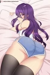 ass ass_focus doki_doki_literature_club grabbing_pillow grabbing_sheets hair_ornament hairband hairclip leggings long_hair looking_at_viewer looking_back looking_back_at_viewer lying lying_down lying_on_bed lying_on_stomach purple_eyes purple_hair raionart yuri_(doki_doki_literature_club)