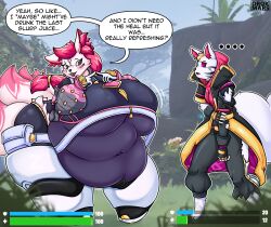 anthrofied bandage_on_face bbw blush catalyst_(fortnite) drokmars fat female fortnite fortnite:_battle_royale fox kimiko_(fortnite) kimiko_five_tails kitsune massive_ass massive_breasts multiple_tails obese overweight_female pink_hair scar_over_eye shy ssbbw steepled_fingers stretched_clothes weight_gain white_fur wtf_face