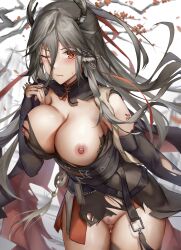 1girls 2023 animal_ears arknights bare_breasts bare_thighs big_breasts breasts deer_ears deer_girl ffg-571 gloves grey_hair hi_res horns kemonomimi light-skinned_female light_skin nipples no_bra no_panties nude one_eye_closed qiu_bai_(arknights) red_eyes simple_background solo standing thick_thighs thighs