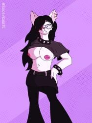 abstract_background anthro areola big_breasts bottomwear breasts clothed clothing clothing_lift collar comission digital_media_(artwork) domestic_cat ear_piercing ear_ring english_text eyewear fan_character felid feline felis female fur genitals glasses goth hair hi_res legwear long_hair mammal nipples pants partially_clothed piercing pose ring_piercing shirt shirt_lift skirt smokedsoul35 solo solo_focus spiked_collar spikes standing text topwear wide_hips