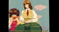 2girls brown_eyes brown_hair english_text fake_screenshot fart fart_cloud fart_fetish farting female female_only hand_on_belly keiko_yukimura mature_female melissaalli milf mother multiple_girls shizuru_kuwabara standing text thick_thighs wide_hips yu_yu_hakusho