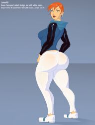 1girls 2020s 2023 ass ben_10 big_ass breasts bubble_butt cartoon_network dat_ass earrings female female_only future_gwen green_eyes gwen_tennyson jamesab lipstick orange_hair self_upload solo solo_female solo_focus white_pants