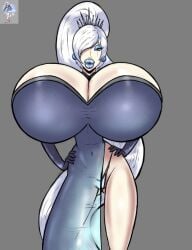 bimbo bimbo_lips blue_lipstick bradtanker3 english_text female hyper_bimbo large_breasts large_lips light_blue_eyes long_hair nipple_bulge pussy_visible_through_panties rwby scar tiara top_heavy weiss_schnee white_hair wide_hips