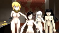 3d 4girls big_breasts black_hair blake_belladonna blonde_hair breasts cat_girl catgirl completely_nude faunus female female_only light-skinned_female light_skin medium_breasts multiple_girls nude nude_female ruby_rose rwby shocked_expression small_breasts source_filmmaker team_fortress_2 team_rwby weiss_schnee white_hair yang_xiao_long