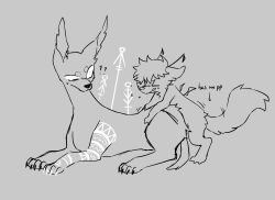 ambiguous_gender antennae_(anatomy) canid canine claws duo ears_back feral feral_on_feral g4cruf0 hi_res humping mammal markings monochrome notched_ear on_hind_legs paws pivoted_ears prick_ears size_difference snout tail toe_claws wings