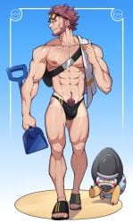 abs bag beard bulge byron_(pokemon) ear_piercing eyewear_on_head fossil_pokémon g-string looking_to_the_side male male_focus male_nipples male_only muscular_arms muscular_calves muscular_male muscular_thighs muto20002 pecs pokemon pokemon_bw pubic_hair red_hair sandals shieldon shovel solo speedo sunglasses sunglasses_on_forehead sunglasses_on_head swimwear tan_line thong towel towel_on_shoulder v-line walking