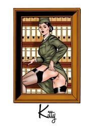 anus black_hair brown_eyes comic looking_at_viewer looking_back military_uniform nicky presenting presenting_hindquarters stockings teasing uniform upskirt