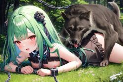 1girls ai_generated canine chains flat_chest green_hair hair_ornament hololive outdoors small_breasts unknown_artist uruha_rushia virtual_youtuber wolf zoophilia