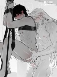 2boys abs ai_no_kusabi anal arms_tied ass_grab black_hair black_hair_bottom blonde_hair blonde_hair_on_black_hair blonde_hair_top blue_lock blush bound_wrists crop_top cum cum_in_ass domination iason_mink light_hair_on_dark_hair long_hair male_only moaning monochrome penis_in_ass riffraff riffraffhellyea riki_the_dark spank_marks suspended_in_midair suspension visible_breath yaoi