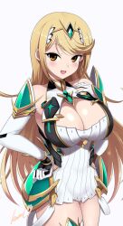 1girls big_breasts blonde_hair blush boob_window clothed clothing cute female kasai_shin looking_at_viewer mythra mythra_(xenoblade) skirt thighs xenoblade_(series) xenoblade_chronicles_2