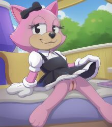 ai_generated anthro black_eyes cartoon_eyes eyes_half_open feet female gloves looking_at_viewer maid maid_uniform pancake_(toontown) pink_fur pussy sitting skirt_lift solo toontown_corporate_clash toontown_online toony