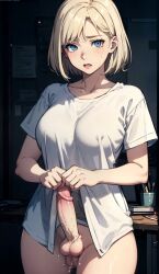 1futa ai_generated big_breasts blonde_hair blue_eyes dark_room desk enjuuji erect_penis erection freckles freckles_on_face futa_only futanari lauran_hesselberg lifting_shirt looking_at_viewer nervous pale-skinned_futanari pale_skin pencil_holder penis penis_under_shirt white_shirt worried worried_expression